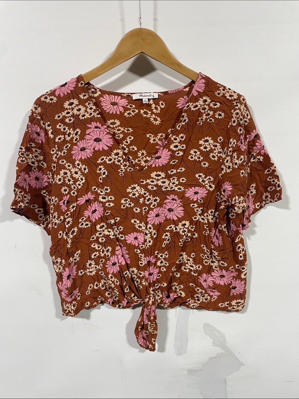 Madewell Rust Floral Tie-Front Crop Top with Pink Blooms